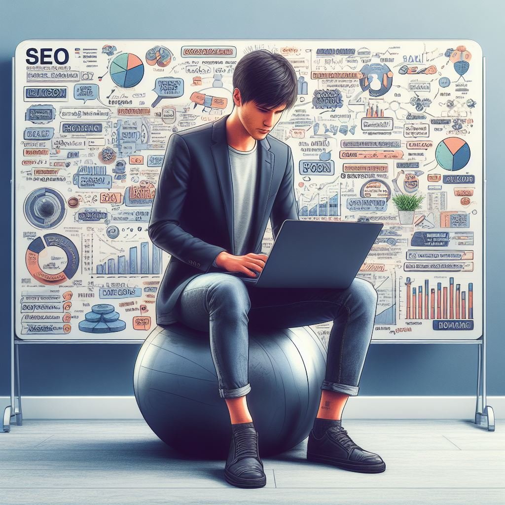 KI-SEO-Tools, ein Avatar am Laptop, mit einem Whitboard im Hintergrund, voll von SEO-Diagrammen und Tabellen
