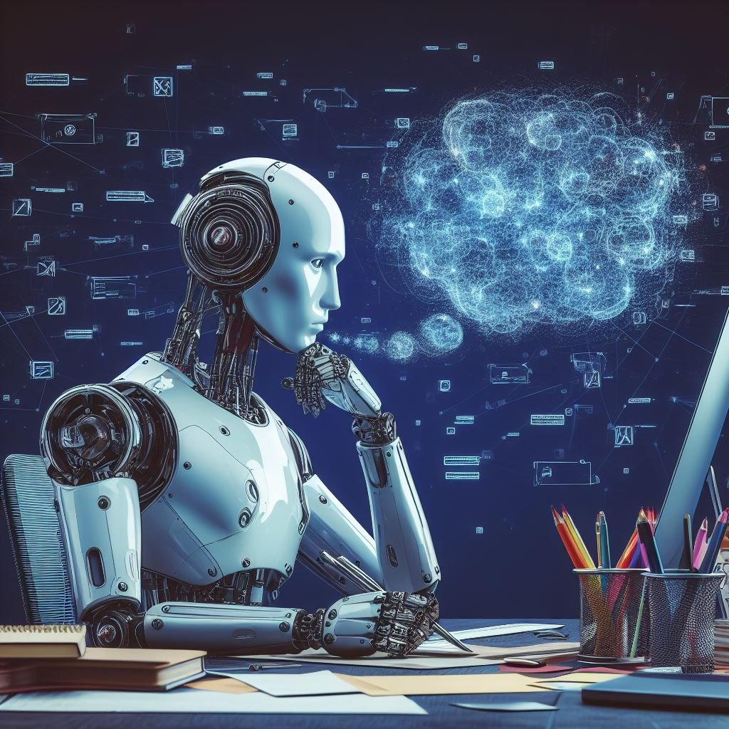 KI-Textgeneratoren, Roboter hinterm Bildschirm der auf ein Papier schreibt, rechts zwei Behälter mit Buntstiften, links Bücher