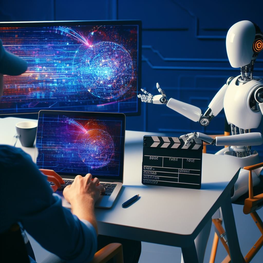ki-videogeneratoren, Roboter weist auf einen Bildschirm und hält Filmklappe in der Hand