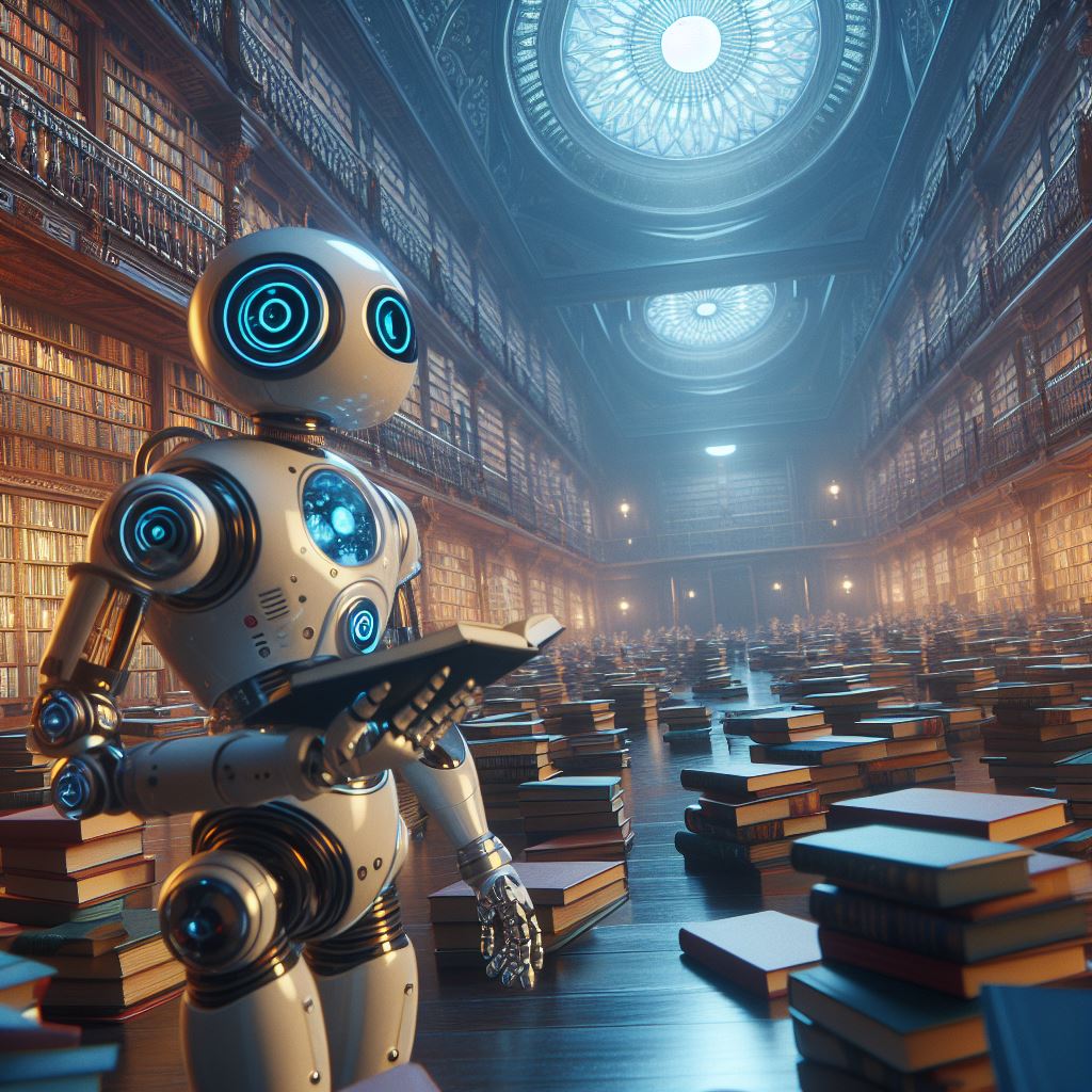 ChatGPT, ein Roboter, der in einer riesigen Bibliothek Daten aus Büchern sammelt