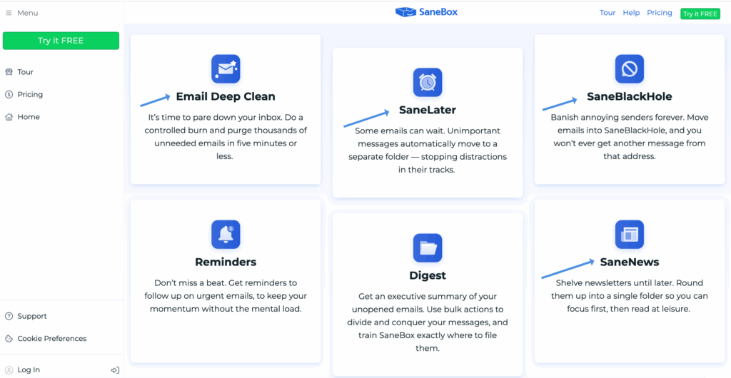 SaneBox: E-Mail-Management-Tool, hier sieht man SaneLater, SaneBlckHole, SaneNews und weitere