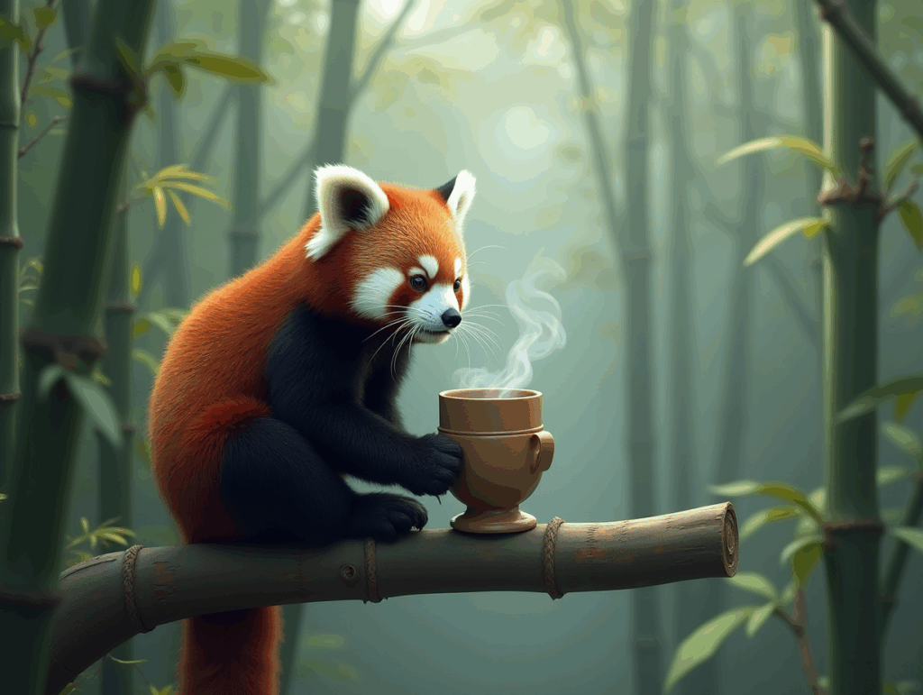 KI Bilder erstellen: Ein fotorealistisches Bild eines roten Pandas, der auf einem Ast in einem nebligen Bambuswald sitzt und eine Tasse Tee trinkt.