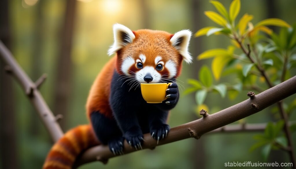 KI Bilder erstellen: Ein fotorealistisches Bild eines roten Pandas, der auf einem Ast in einem nebligen Bambuswald sitzt und eine Tasse Tee trinkt.