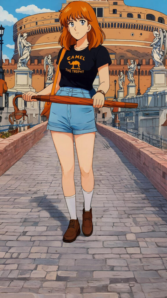 KI Bilder erstellen: Engelsburg in Rom mit Figur im Stil eines 1990er-Jahre-Animes