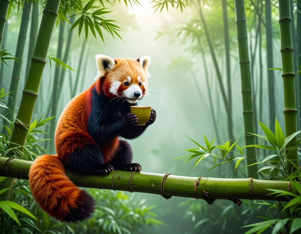 KI Bilder erstellen: Ein fotorealistisches Bild eines roten Pandas, der auf einem Ast in einem nebligen Bambuswald sitzt und eine Tasse Tee trinkt.
