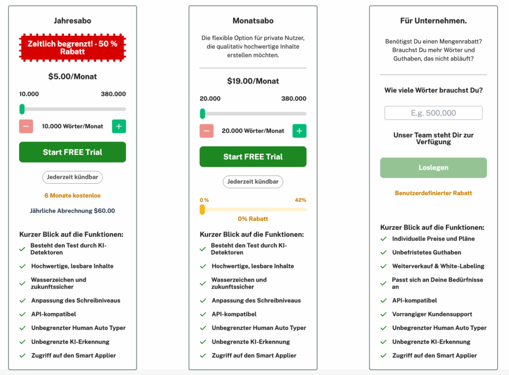 KI-Erkennung umgehen – AI Content Detection 2 Undetectable Preisliste