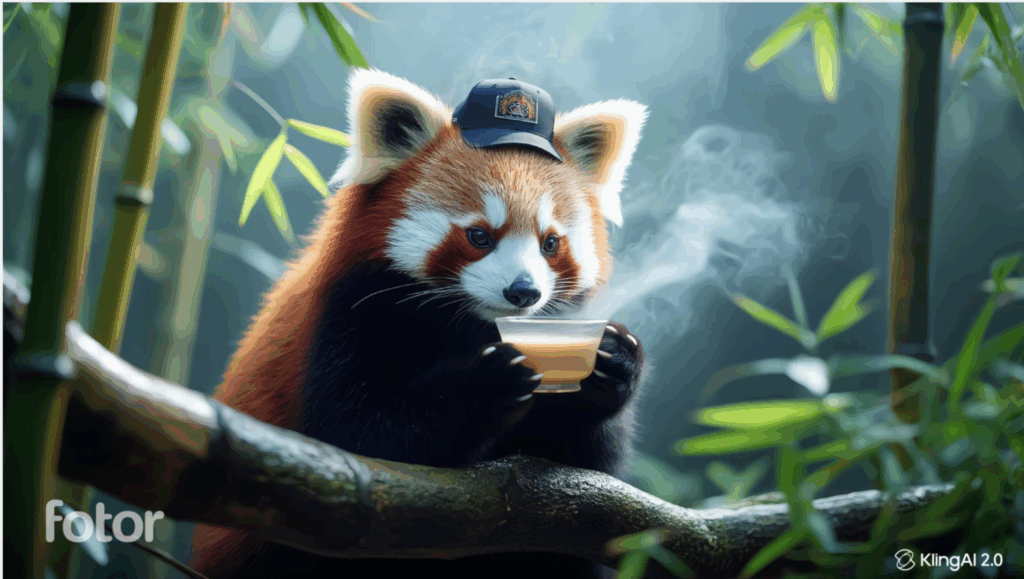 KI Bilder erstellen: Panda mit Tee und Baseballmütze