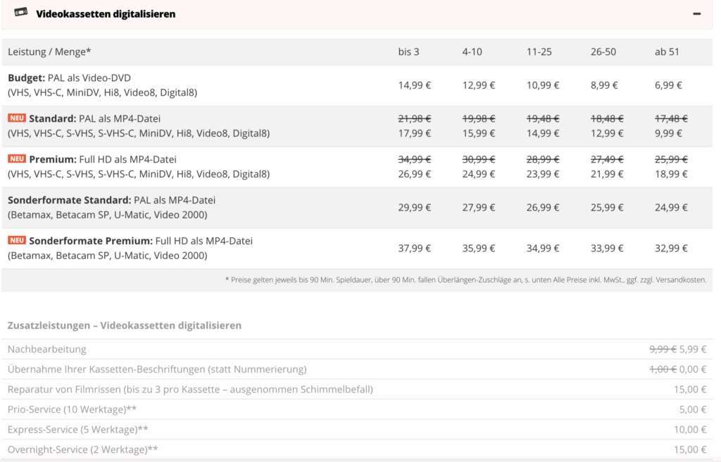 Preisliste von Mediafix