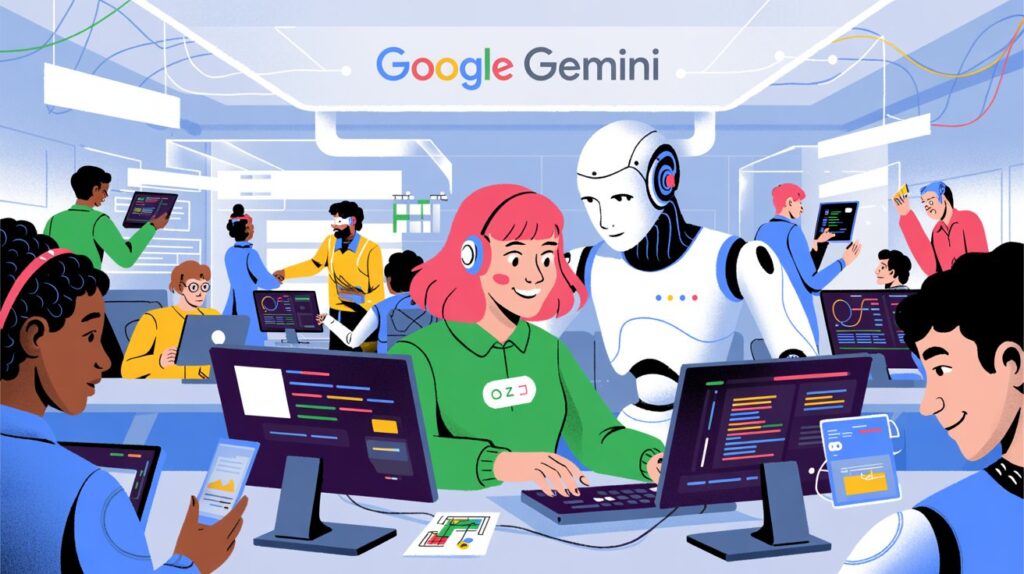 Google Gemini 2 KI-Bild Google Gemini, Menschen und Roboter am Computer