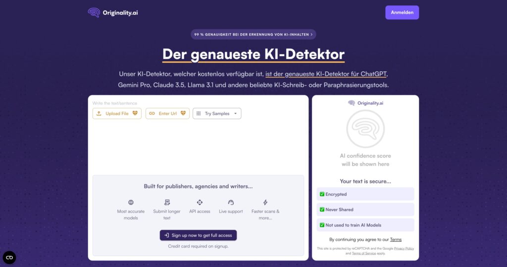 Originality.ai, KI-Detektor auf Deutsch