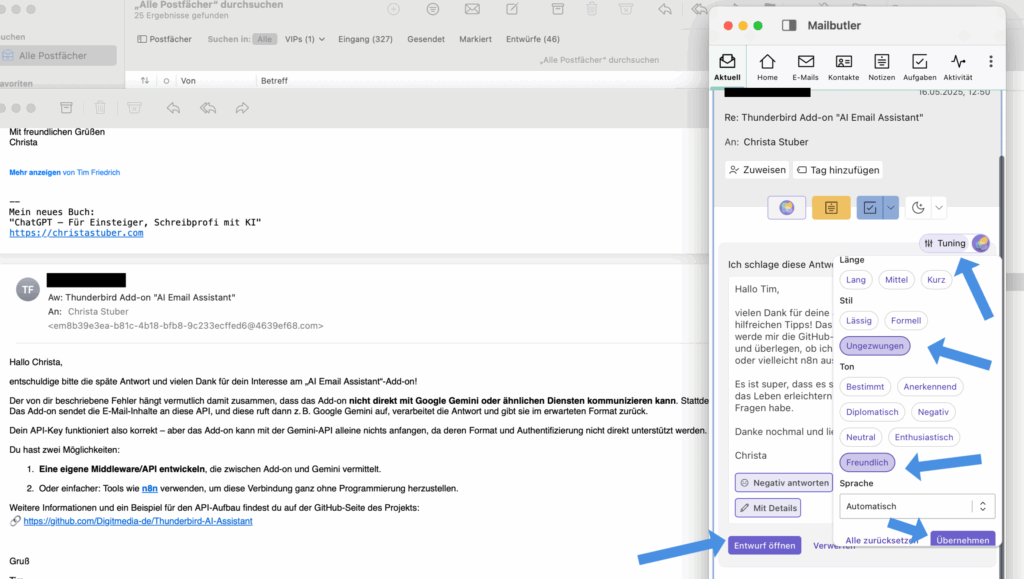 Mailbutler-KI, Screenshot der Auswahlmöglichkeiten bei der Antwort.