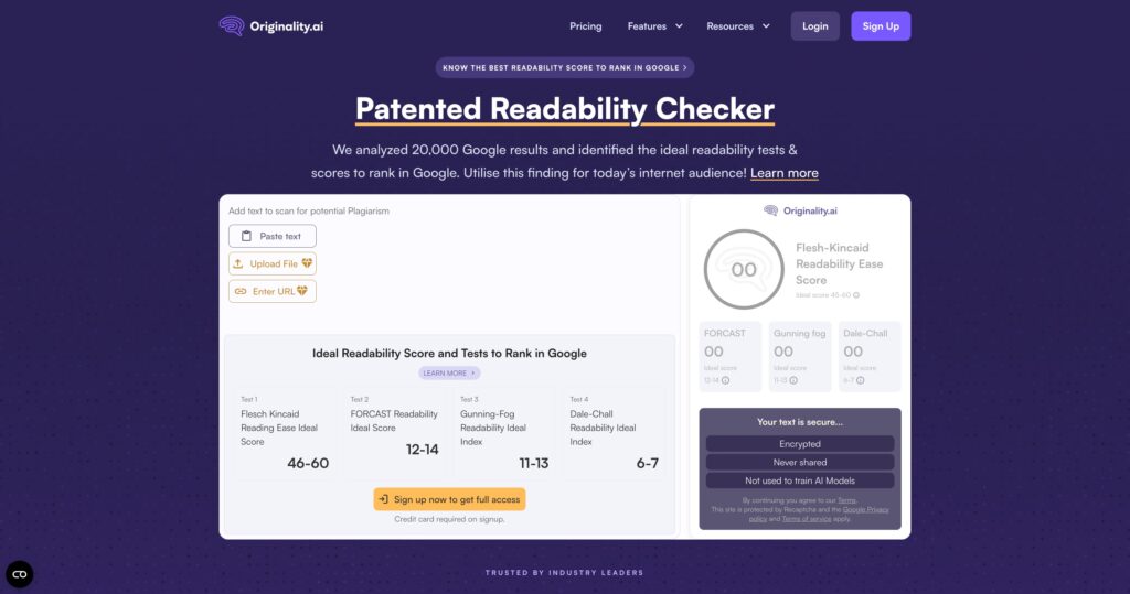 Originality.ai, patentierter Readability Checker