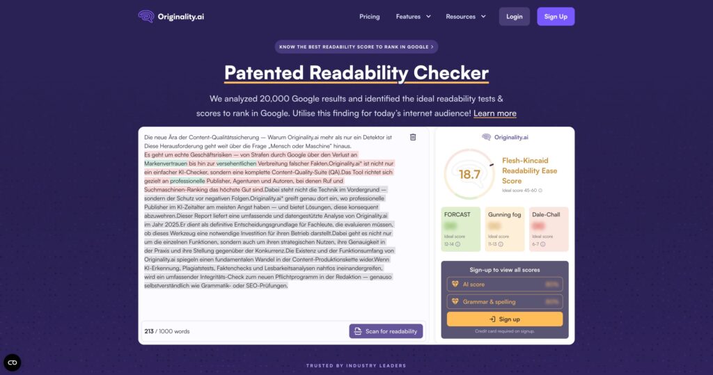 Originality.ai, patentierter Readability Checker, Test