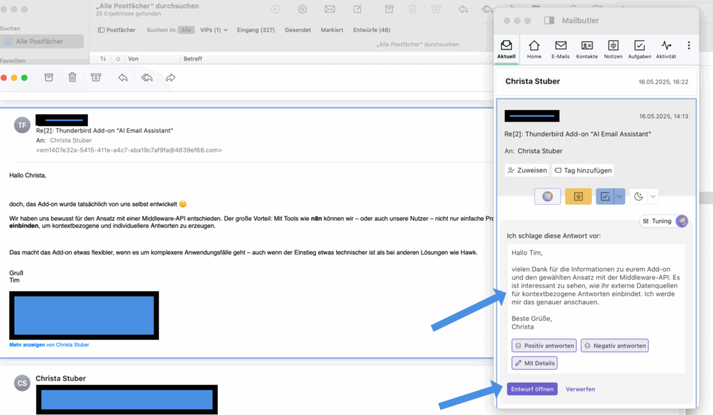 Mailbutler KI, screenshot: Auf E-Mail antworten