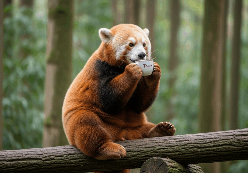 Google Imagen 4, KI Bilder erstellen: Ein fotorealistisches Bild eines roten Pandas, der auf einem Ast in einem nebligen Bambuswald sitzt und eine Tasse Tee trinkt.