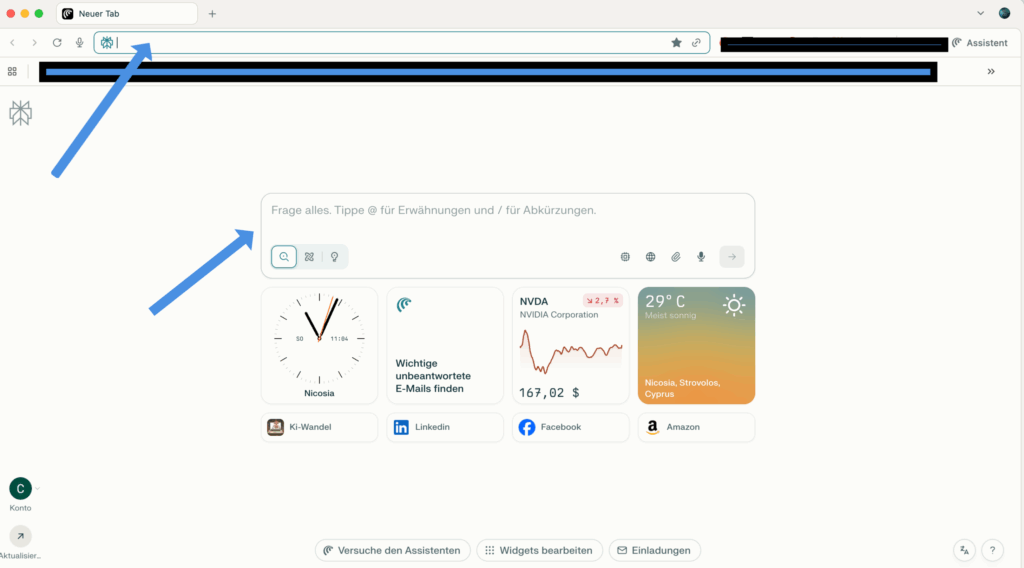 Perplexity Comet KI-Browser Screenshot vom Startbildschirm
