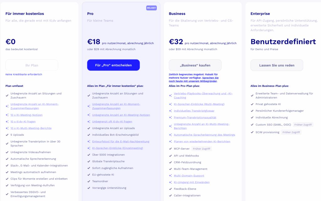 KI-Meeting-Assistenten – Die besten Tools für dich (DSGVO-konform & Deutsch) 3 Screenshot Td;lv Preisliste