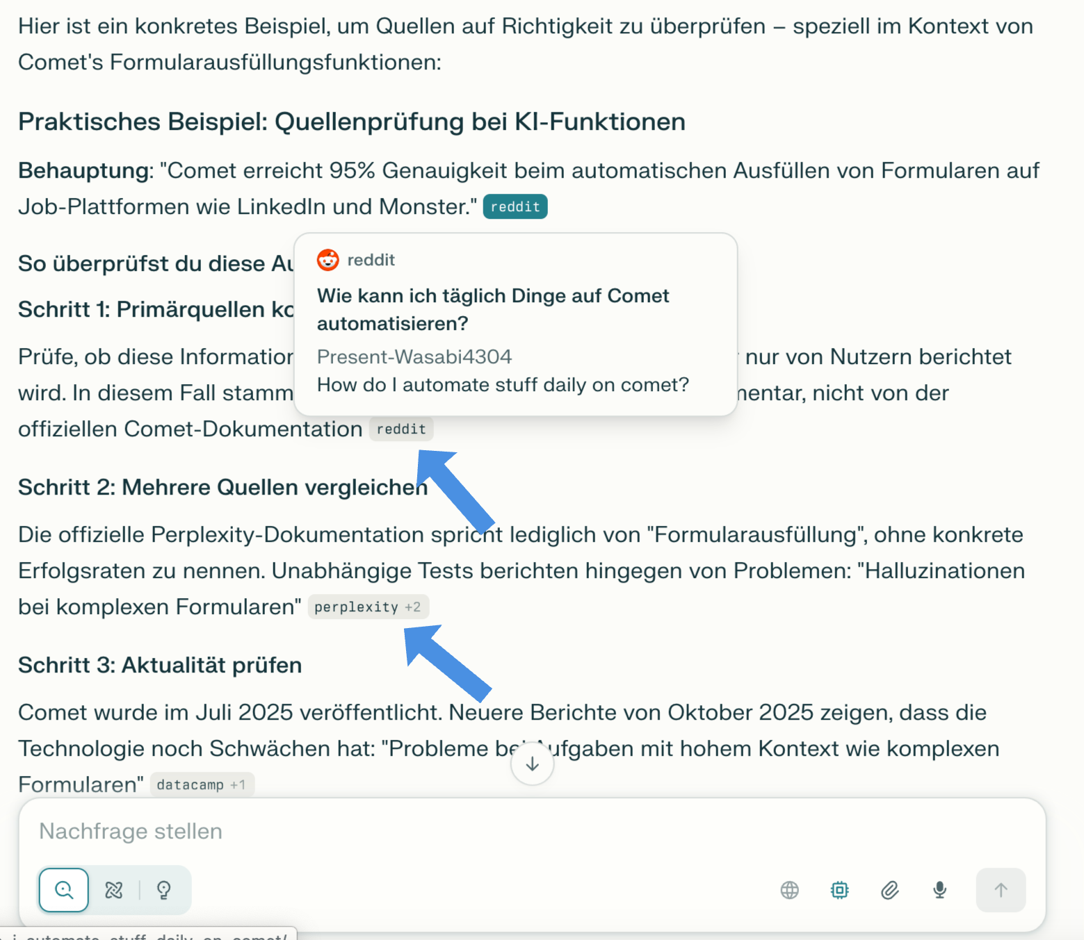 Comet Quellen überprüfen Screenshot