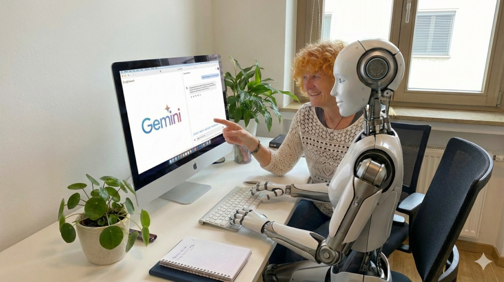 KI-Bild Google Gemini, ich und Roboter am Computer