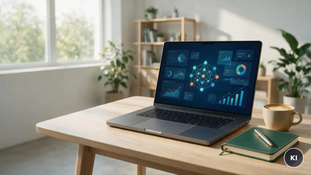 KI-Präsentationen erstellen, KI-generiertes Bild mit einem Laptop auf einem Tisch